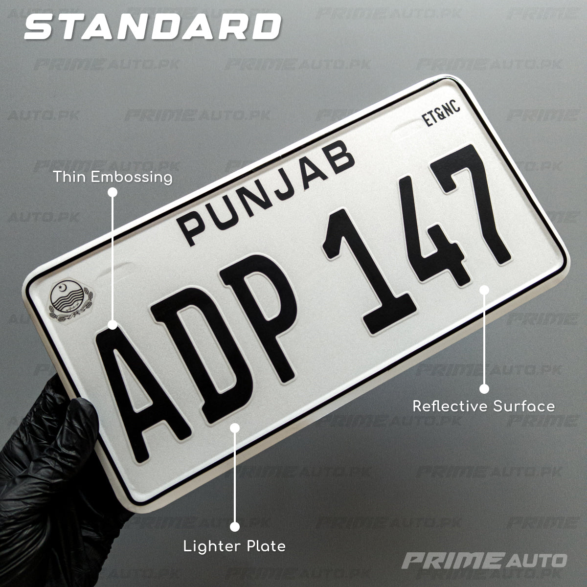 Embossed All Punjab car number plate features standard