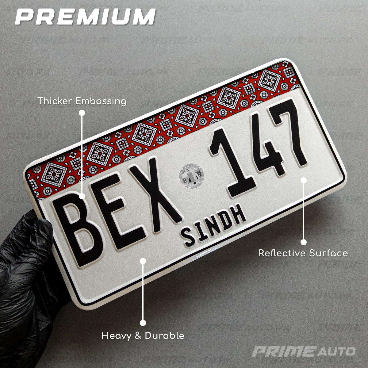 New Sindh Ajrak embossed car number plate premium features