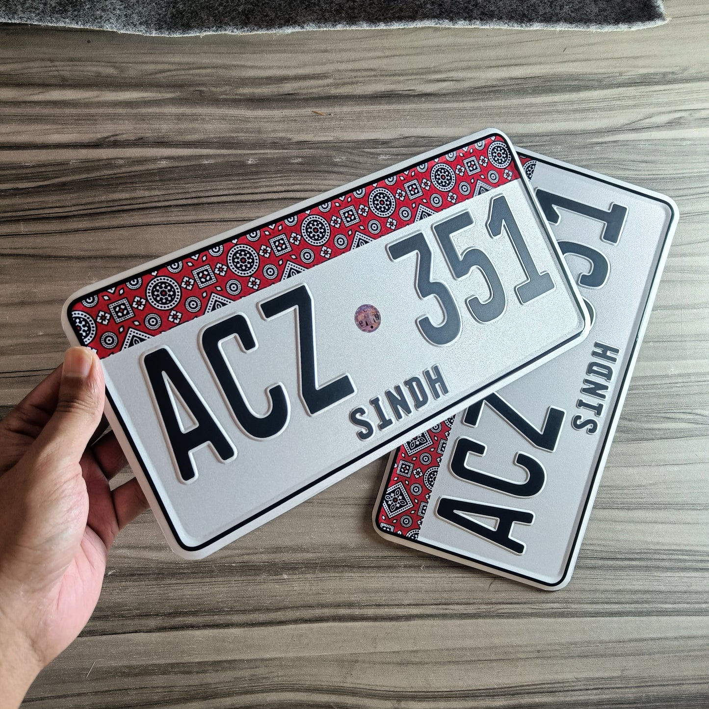 ajrak embossed number plate