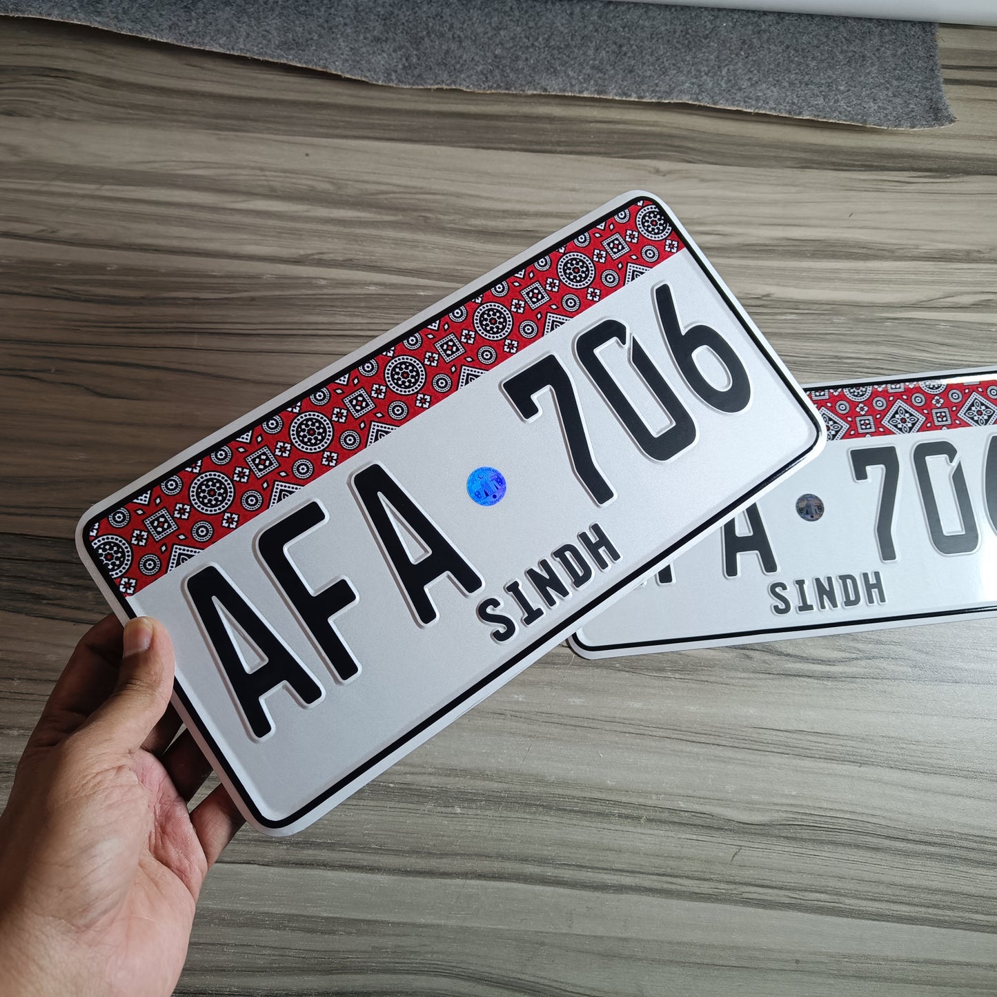 white ajrak number plate embossed